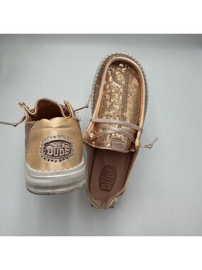 Hey Dude Womens Size W 9 Wendy sequin Blush Slip On Shoes Rose Gold Rhinestone